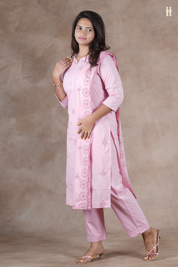 Split Neck Floral Buttas Pink Cotton Salwar Set