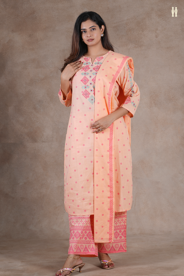 Split Neck Printed Design Orange Cotton Salwar Set
