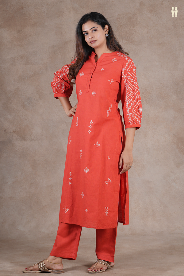 Mandarin Neck Threadwork Design Orange Cotton Salwar Set