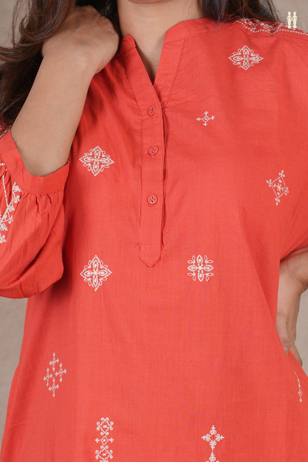 Mandarin Neck Threadwork Design Orange Cotton Salwar Set