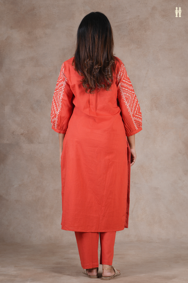 Mandarin Neck Threadwork Design Orange Cotton Salwar Set