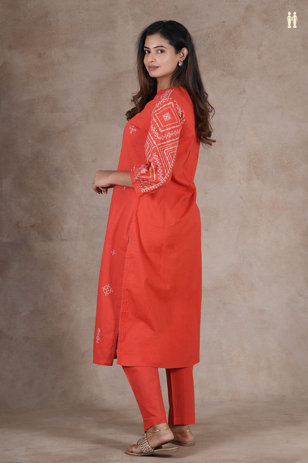 Mandarin Neck Threadwork Design Orange Cotton Salwar Set
