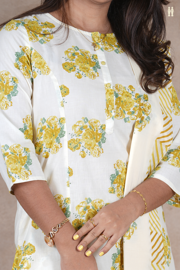 Boat Neck Floral Design White Cotton Salwar Set