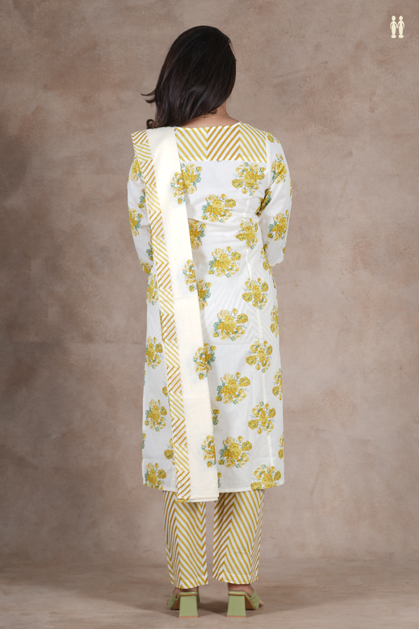 Boat Neck Floral Design White Cotton Salwar Set