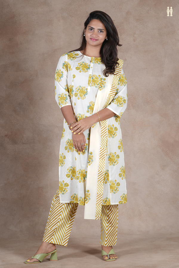 Boat Neck Floral Design White Cotton Salwar Set