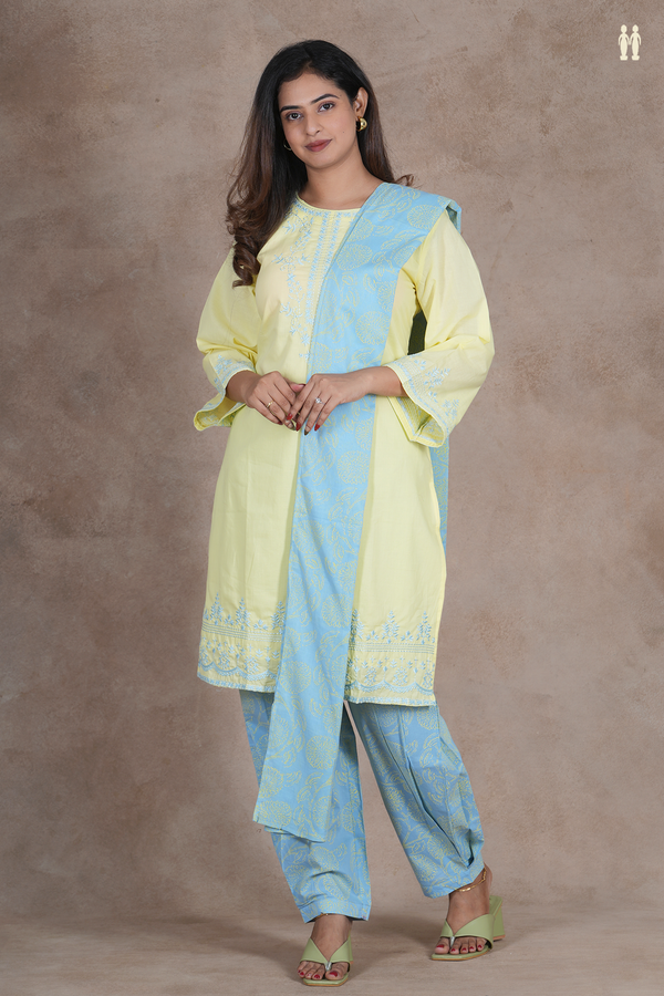 Round Neck Embroidered Design Light Yellow Cotton Salwar Set