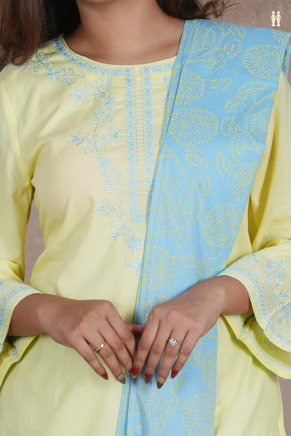 Round Neck Embroidered Design Light Yellow Cotton Salwar Set