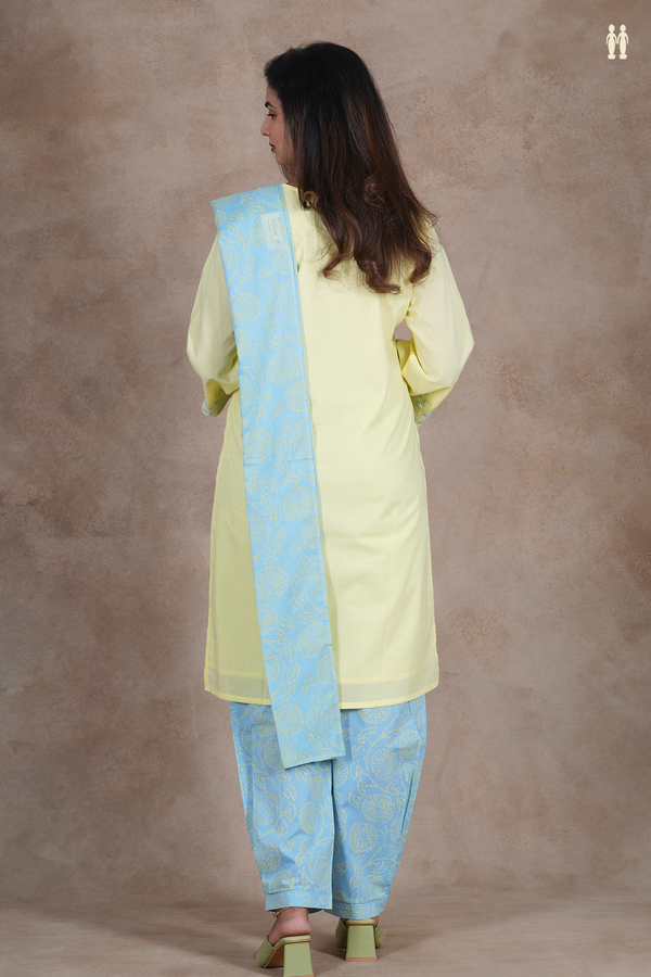 Round Neck Embroidered Design Light Yellow Cotton Salwar Set