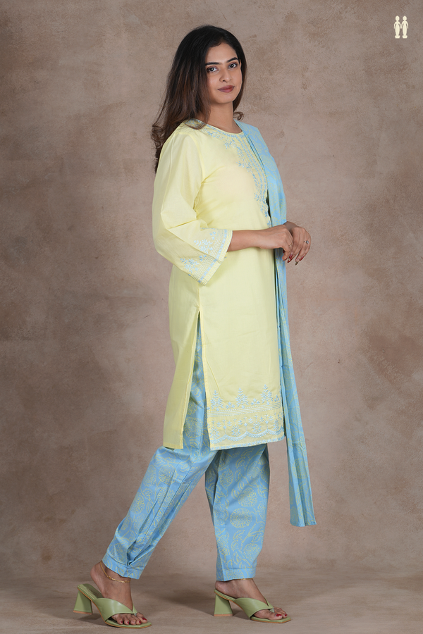 Round Neck Embroidered Design Light Yellow Cotton Salwar Set