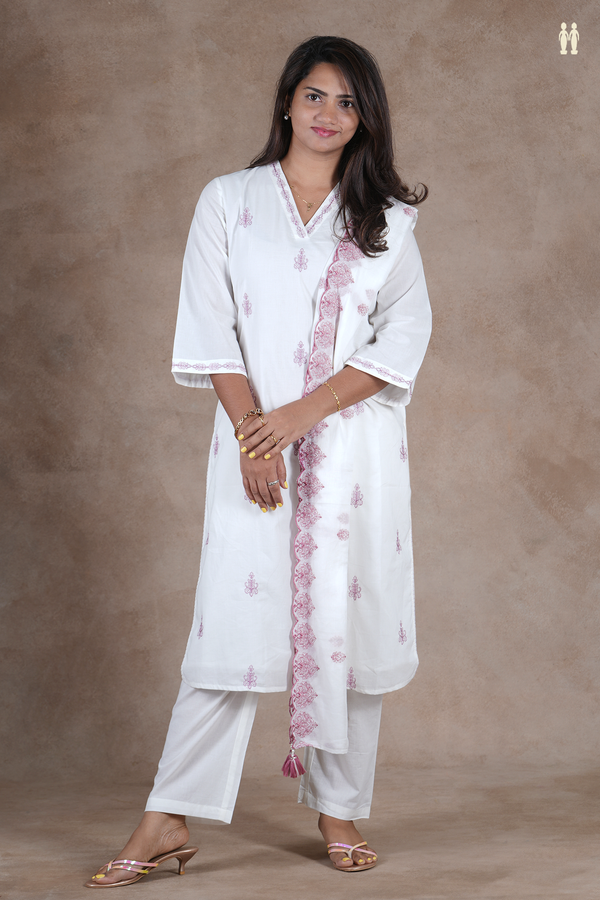 V-Neck Threadwork Buttas White Cotton Salwar Set