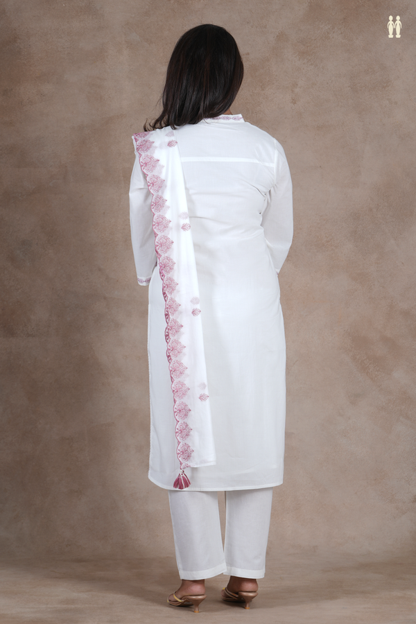V-Neck Threadwork Buttas White Cotton Salwar Set