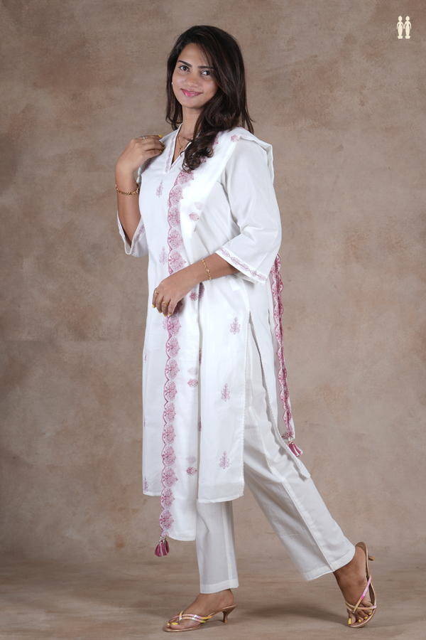 V-Neck Threadwork Buttas White Cotton Salwar Set