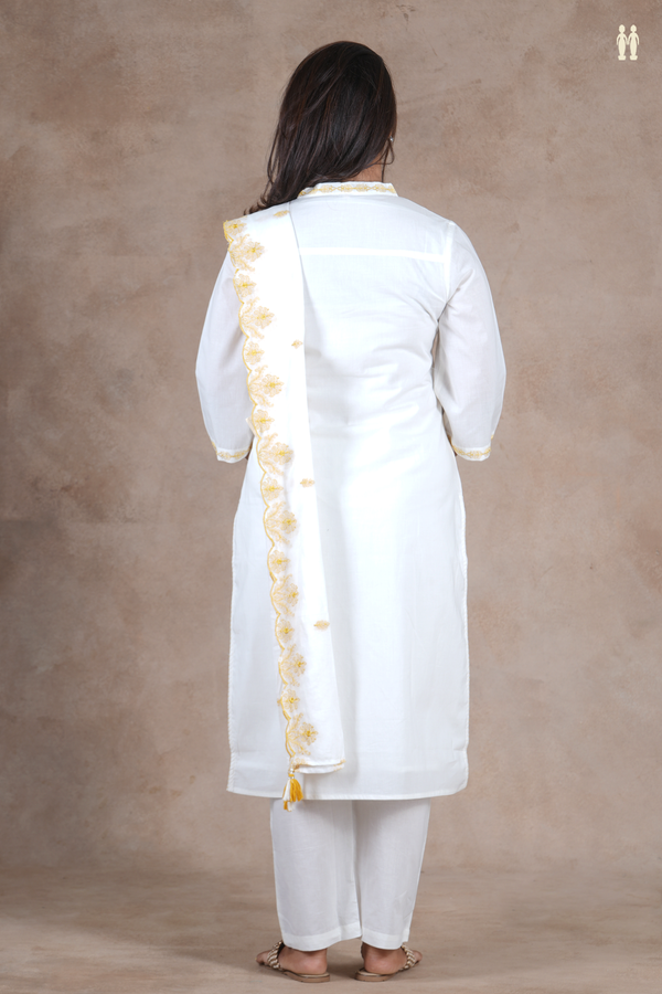 V-Neck Threadwork Buttas White Cotton Salwar Set