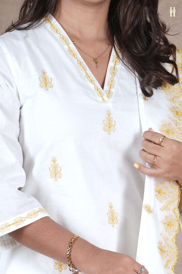V-Neck Threadwork Buttas White Cotton Salwar Set
