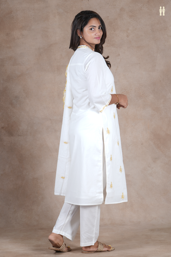V-Neck Threadwork Buttas White Cotton Salwar Set