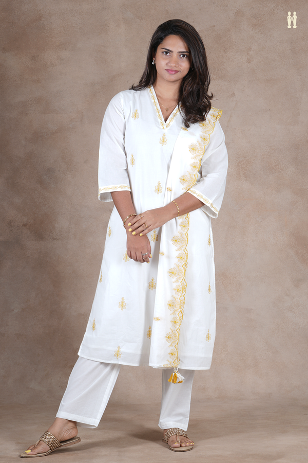 V-Neck Threadwork Buttas White Cotton Salwar Set