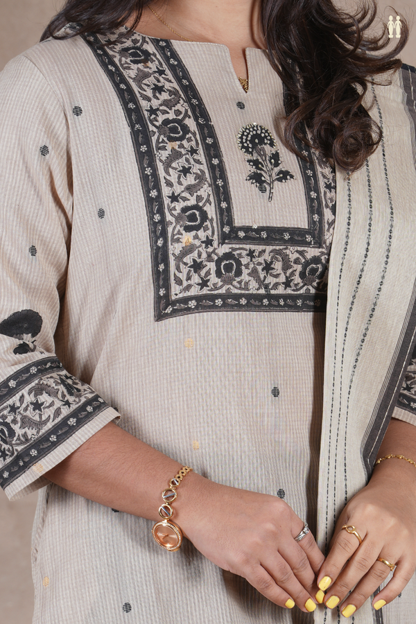 Split Neck Threadwork Buttas Dusty Brown Cotton Salwar Set