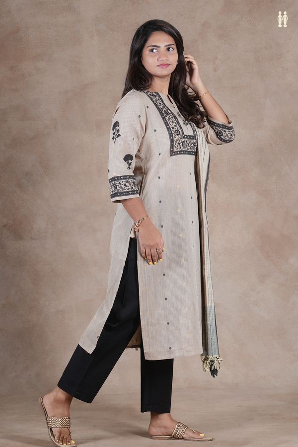 Split Neck Threadwork Buttas Dusty Brown Cotton Salwar Set
