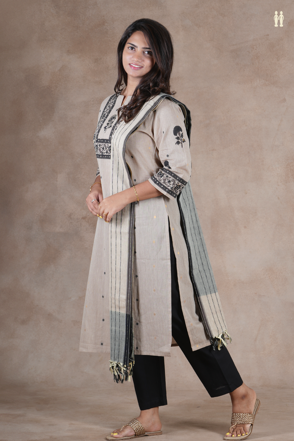 Split Neck Threadwork Buttas Dusty Brown Cotton Salwar Set