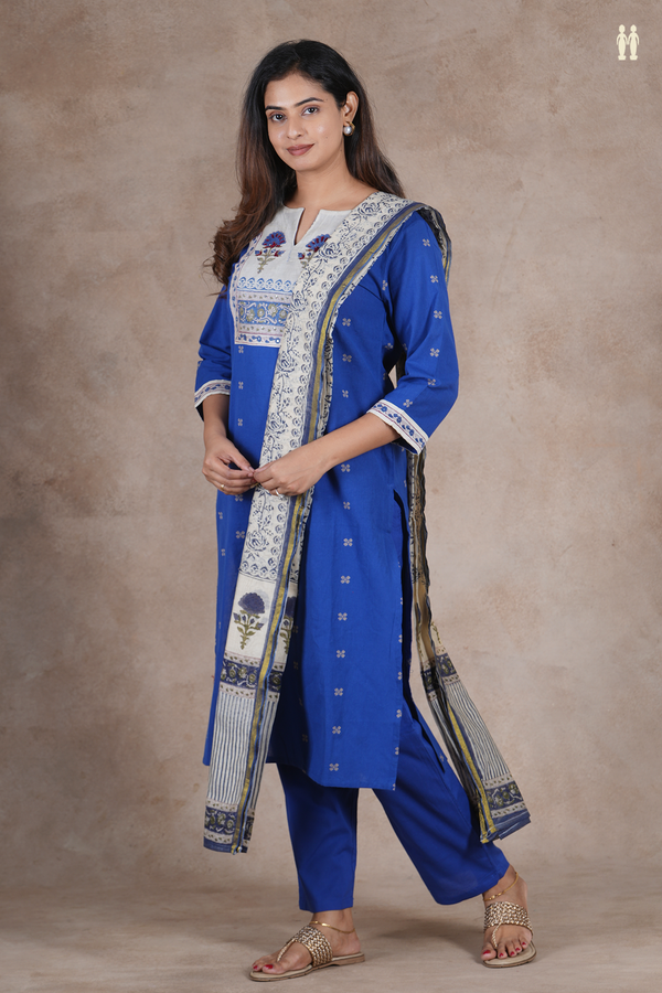 Split Neck Threadwork Buttas Royal Blue Cotton Salwar Set