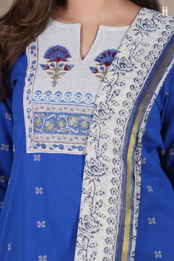 Split Neck Threadwork Buttas Royal Blue Cotton Salwar Set