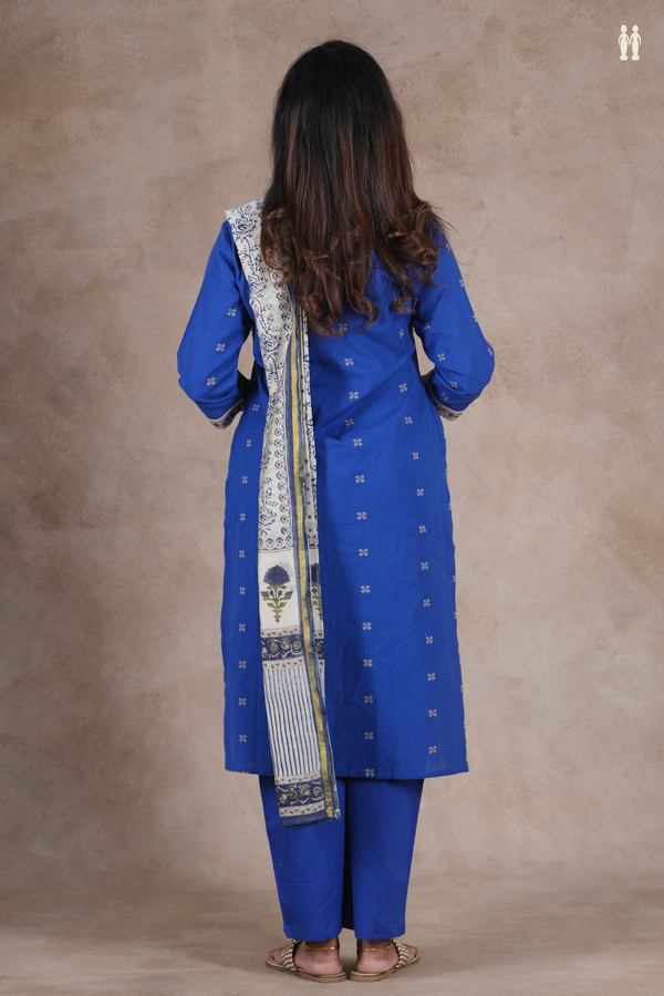 Split Neck Threadwork Buttas Royal Blue Cotton Salwar Set