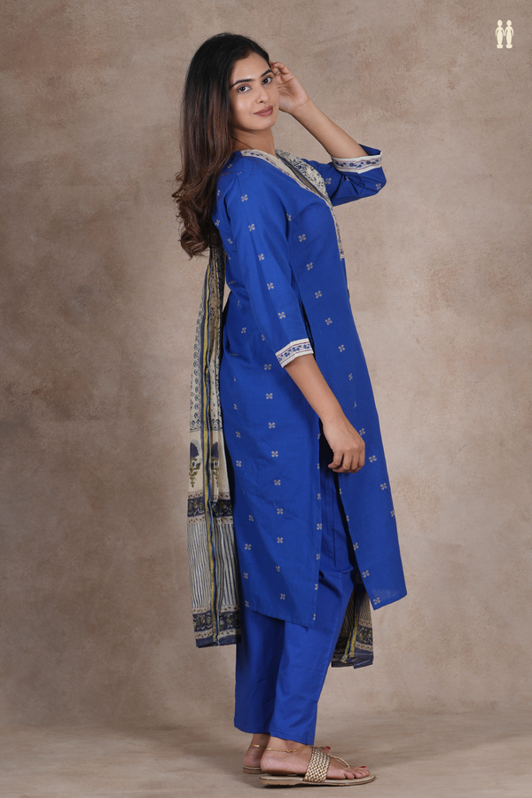 Split Neck Threadwork Buttas Royal Blue Cotton Salwar Set