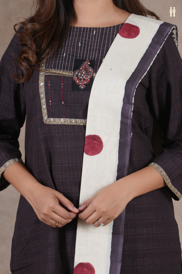 Boat Neck Self Design Dark Oak Brown Cotton Salwar Set