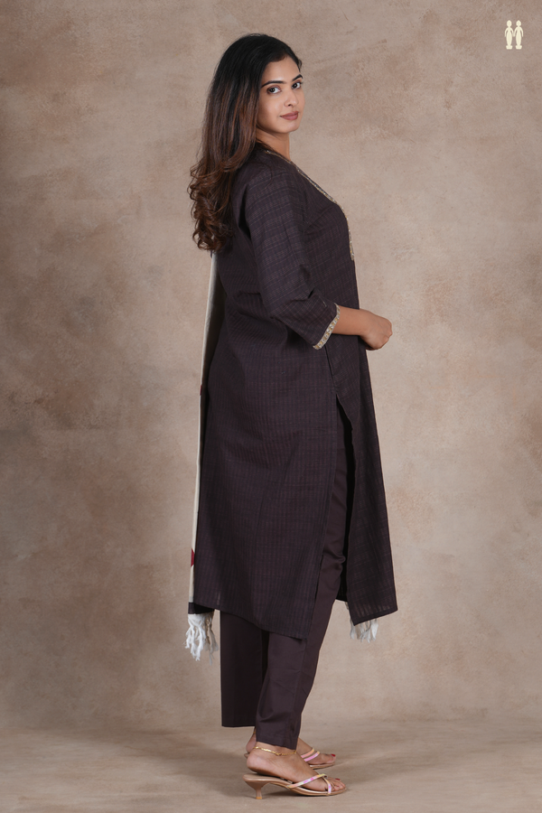 Boat Neck Self Design Dark Oak Brown Cotton Salwar Set