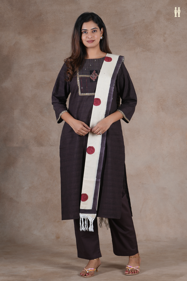 Boat Neck Self Design Dark Oak Brown Cotton Salwar Set