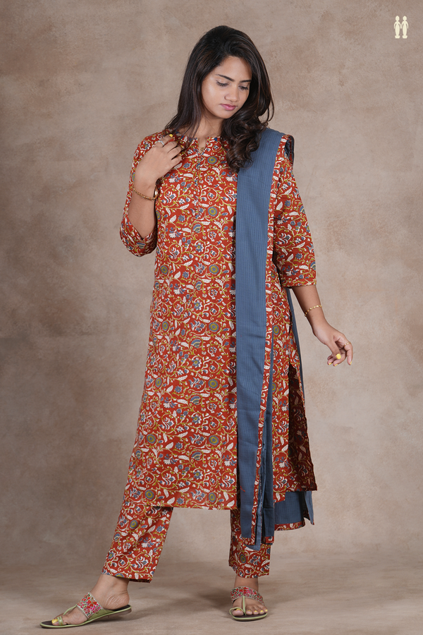 Split Neck Floral Design Rust Red Cotton Salwar Set
