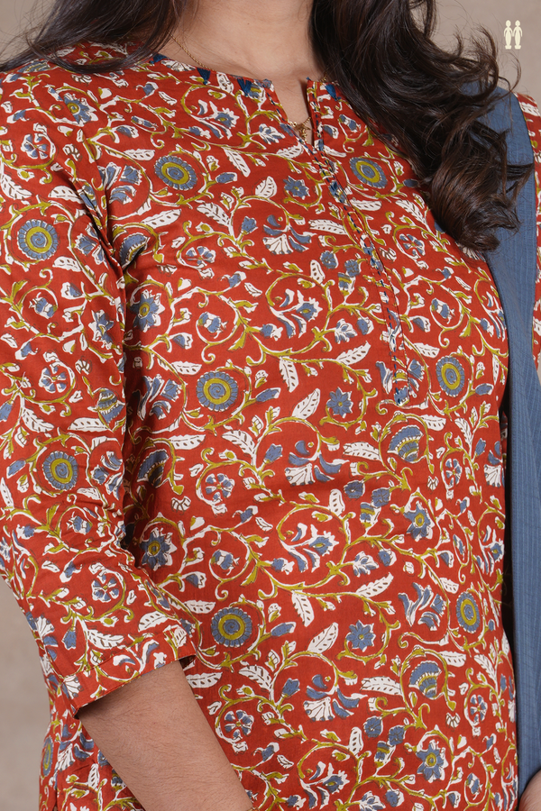 Split Neck Floral Design Rust Red Cotton Salwar Set