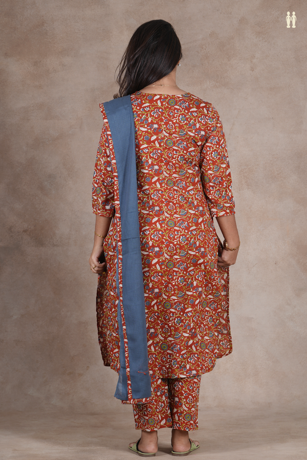 Split Neck Floral Design Rust Red Cotton Salwar Set