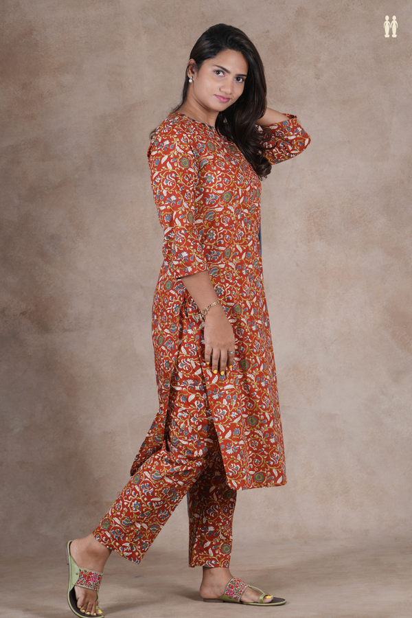 Split Neck Floral Design Rust Red Cotton Salwar Set