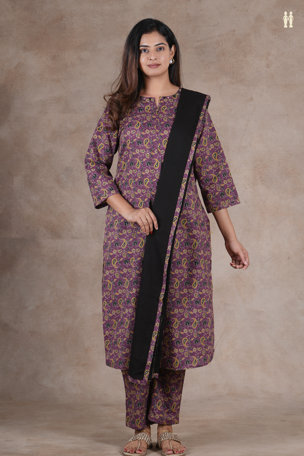 Split Neck Floral Design Dusty Purple Cotton Salwar Set