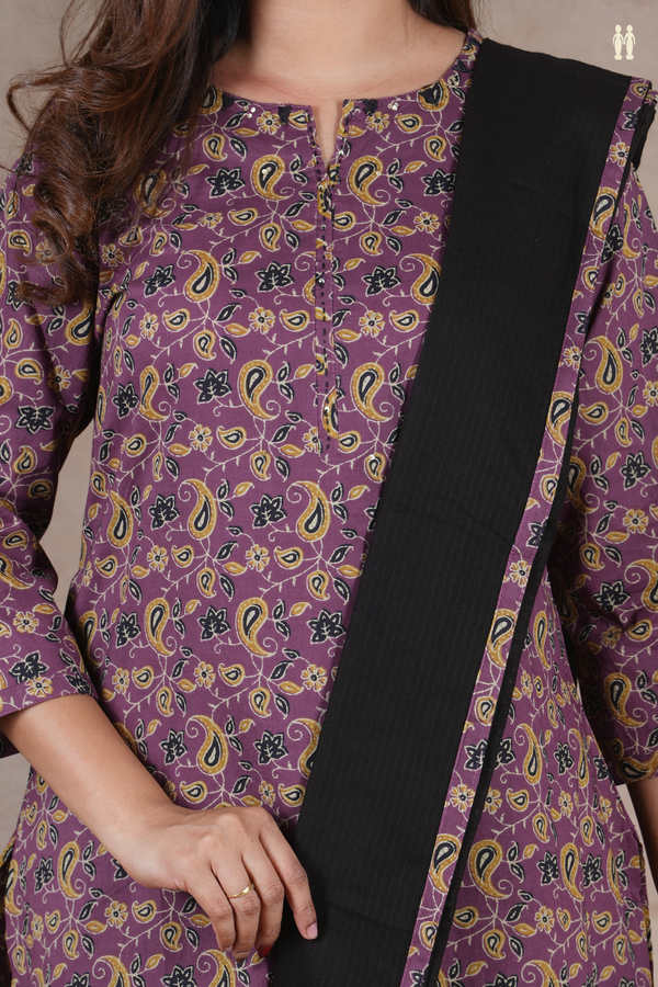 Split Neck Floral Design Dusty Purple Cotton Salwar Set