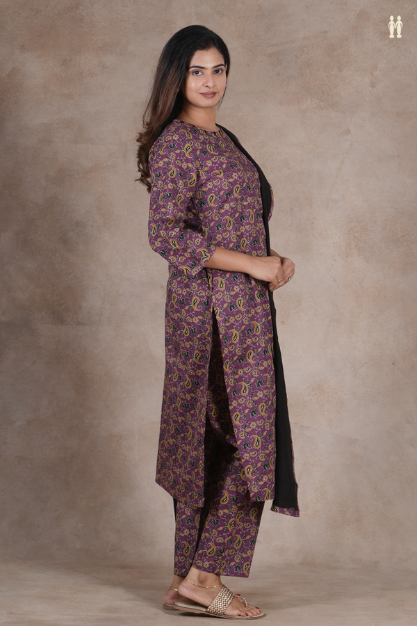 Split Neck Floral Design Dusty Purple Cotton Salwar Set