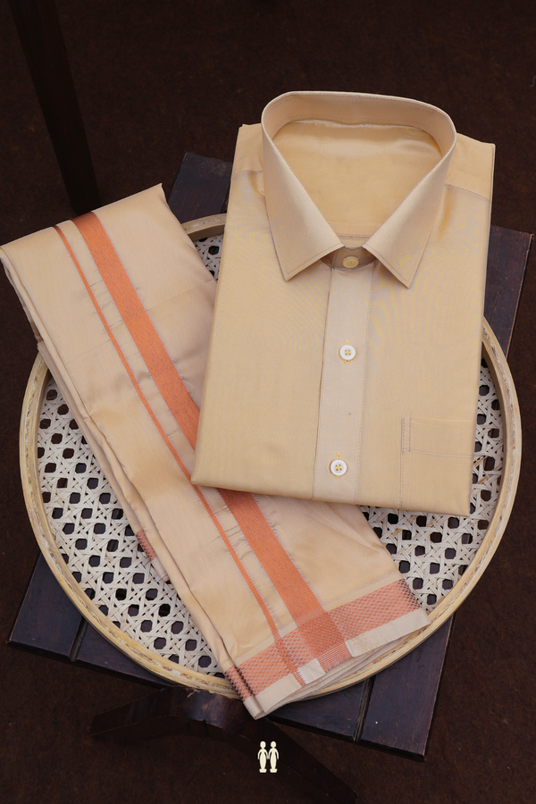 Regular Collar Tan Brown Art Silk Shirt With Dhoti Set