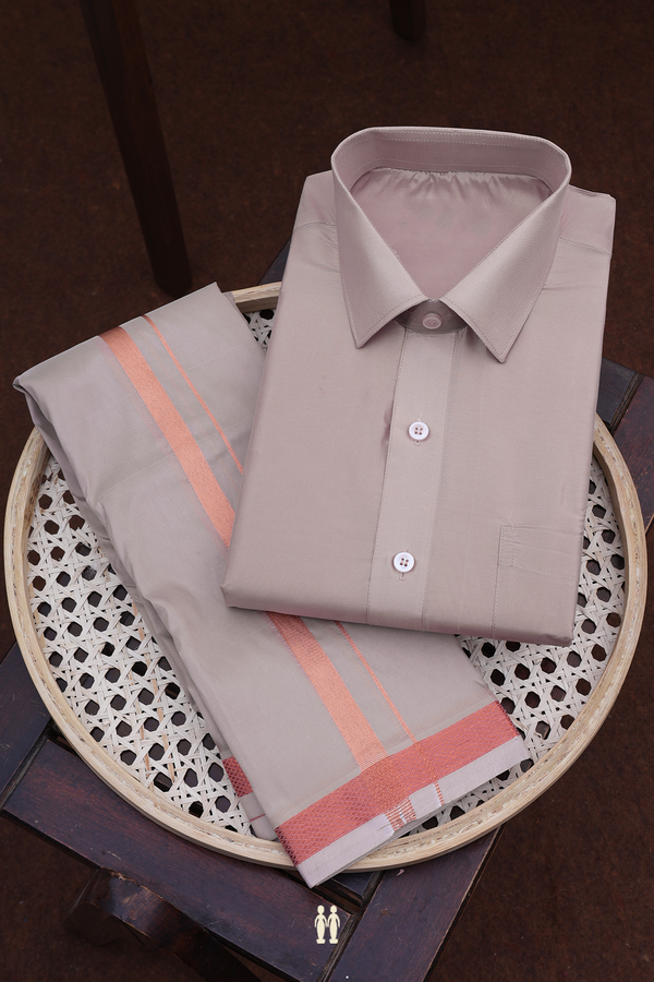 Regular Collar Pastel Brown Art Silk Shirt With Dhoti Set
