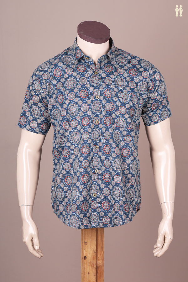 Regular Collar Printed Design Blue Cotton Shirt