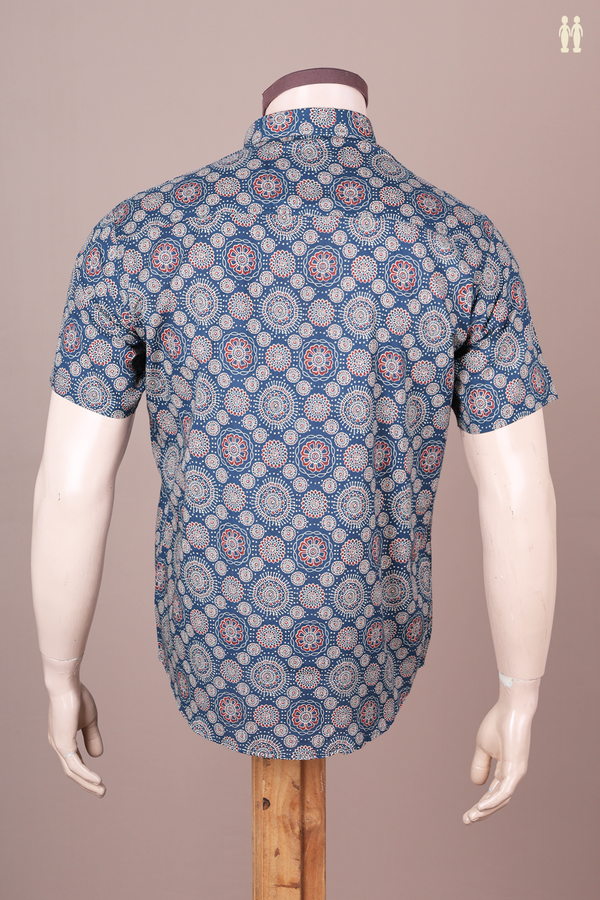 Regular Collar Printed Design Blue Cotton Shirt