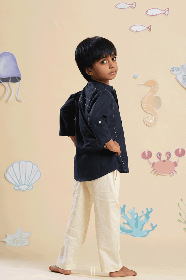 Chinese Collar Embroidered Design Navy Blue Linen Shirt