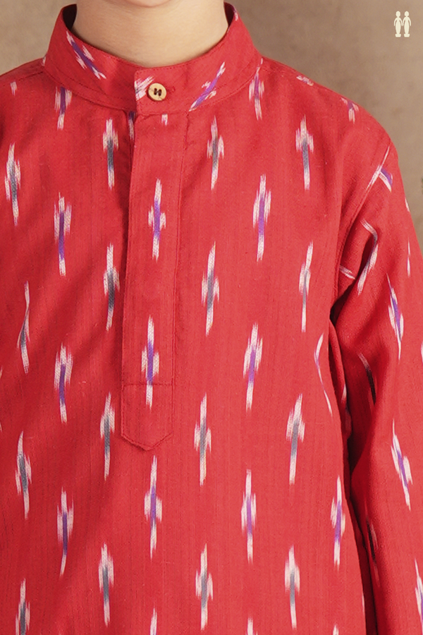 Chinese Collar Printed Design Red Cotton Long Kurta