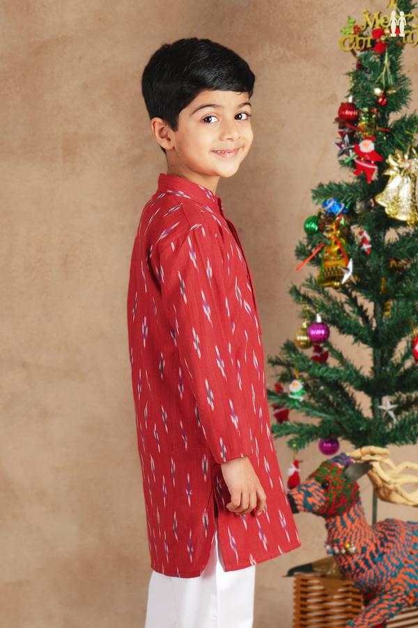 Chinese Collar Printed Design Red Cotton Long Kurta
