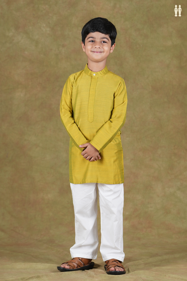 Chinese Collar Plain Green Raw Silk Long Kurta