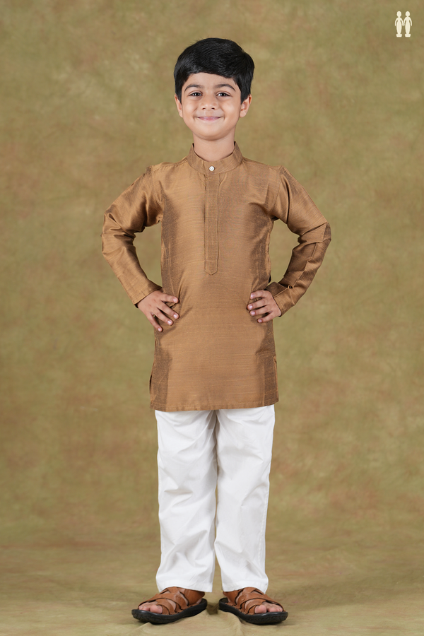 Chinese Collar Plain Khaki Raw Silk Long Kurta