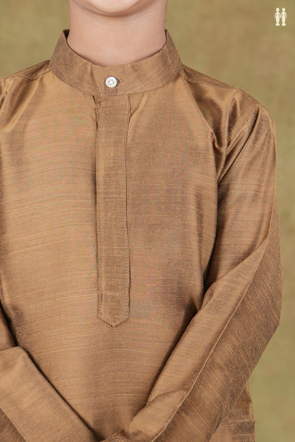 Chinese Collar Plain Khaki Raw Silk Long Kurta