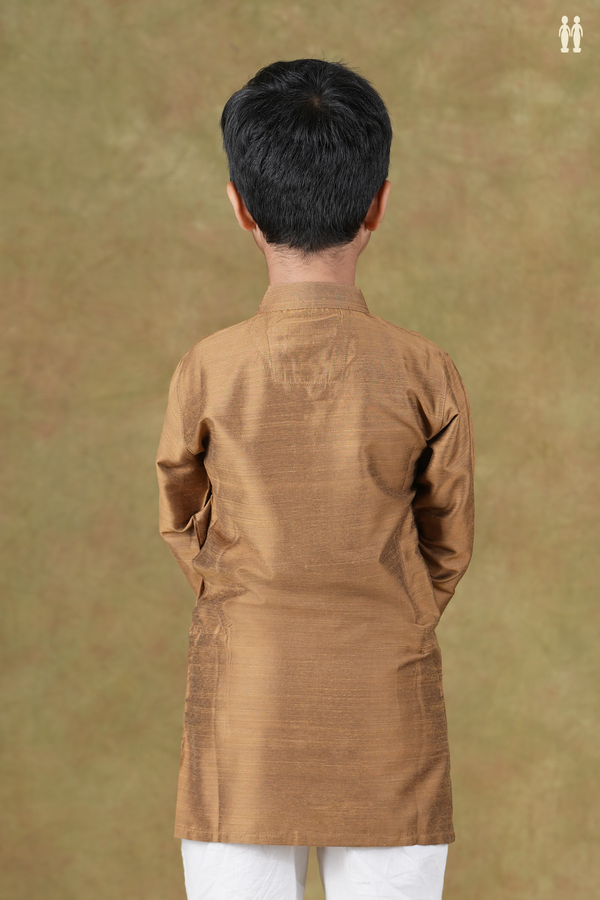 Chinese Collar Plain Khaki Raw Silk Long Kurta