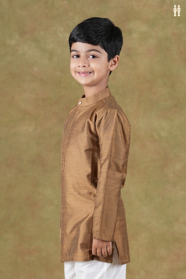 Chinese Collar Plain Khaki Raw Silk Long Kurta