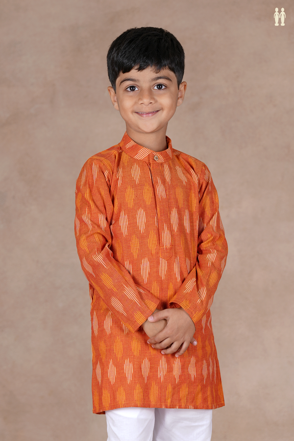 Chinese Collar Ikat Buttas Orange Cotton Long Kurta